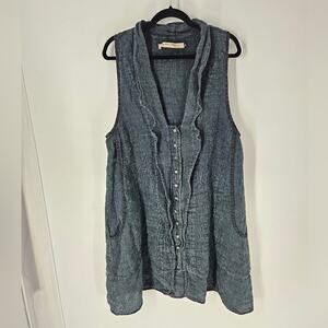 Cynthia Ashby Blue Button Down Linen Sleeveless Tunic Vest M